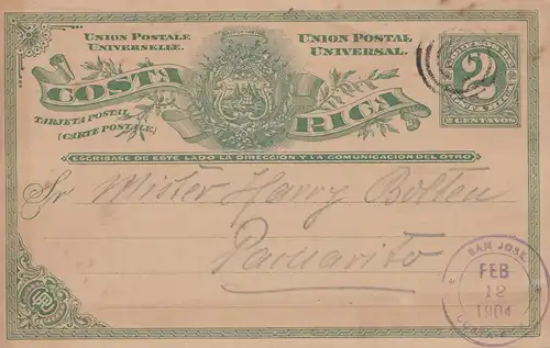 Costa Rica: 1904: post card San Jose to Paruarito