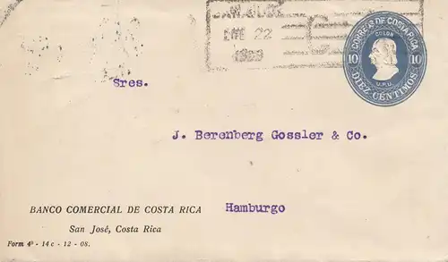 Costa Rica: 1909: San Jose Banco Comercial to Hambourg