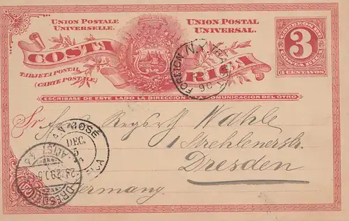 Costa Rica: 1890: post card San Jose to Dresde