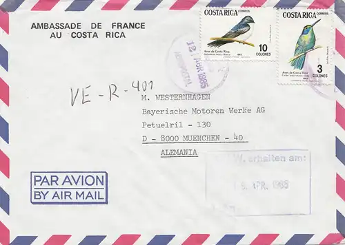 Costa Rica: 1985: Air Mail Ambassade de France to Munich - BMW
