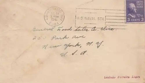 1941: letter Guantanomo US Naval Sta to New York