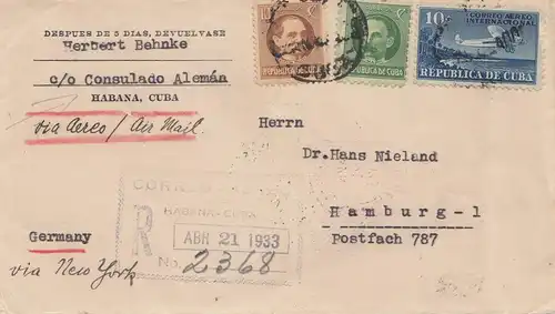 1933: Registered Habana Consulado Alemán to Hamburg via New York
