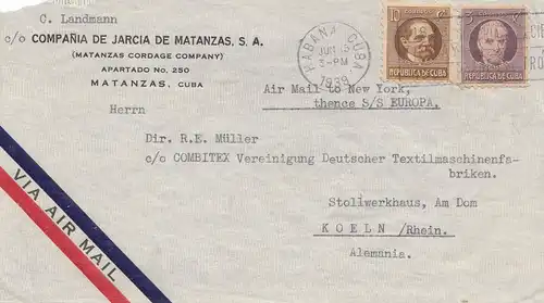 1939: via Ari Mail Matanzsas to Cologne - Textile