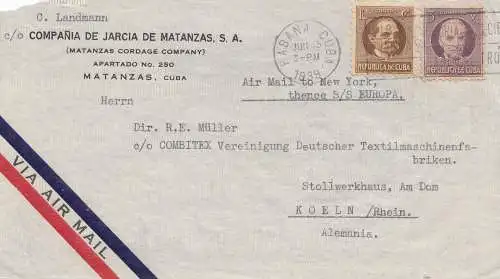 1939: via Ari Mail Matanzsas to Cologne - Textile