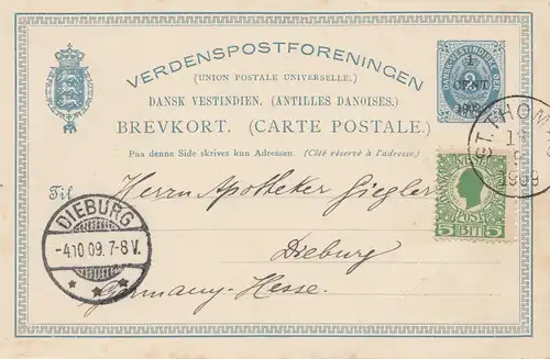 Dansk-Vestinien: 1909 St. Thomas post card to Dieburg/Germany