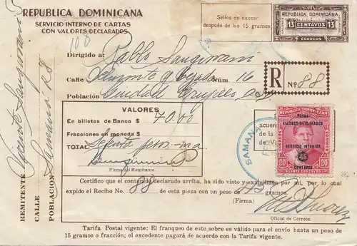 République dominicaine: 1937: Carta con Valores Samana