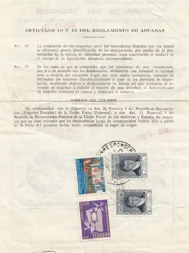 Équateur: 1961 Despacho de Encomiendas Postales International, Quito