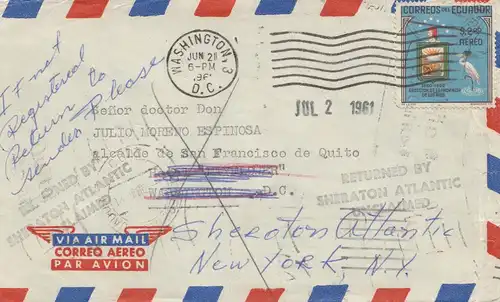 Ecuador: 1961 Pray for Peace: Air Mail to Washington, Returned Sheraton Atlantic