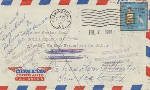 Équateur: 1961 Pray for Peace: Air Mail to Washington, Returned Sheraton Atlantic