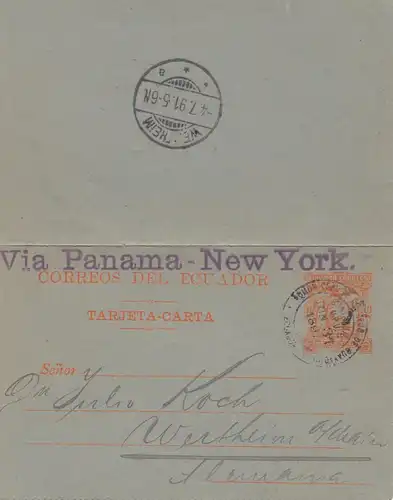 Ecuador: 1891: Tarjeta carto to Wertheim via Panama-New York, K2