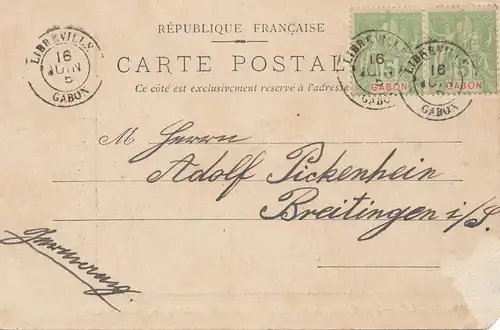 French colonies: Gabon Libreville 1905 post cardc to Breitingen