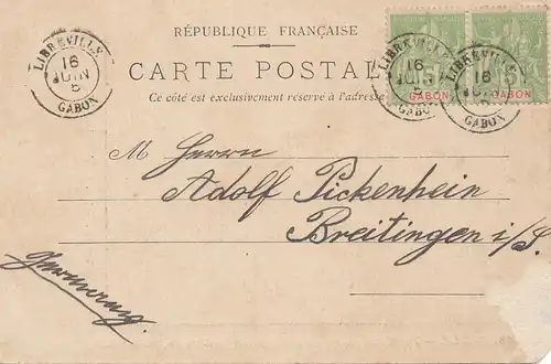 French colonies: Gabun Libreville 1905 post cardc to Breitingen