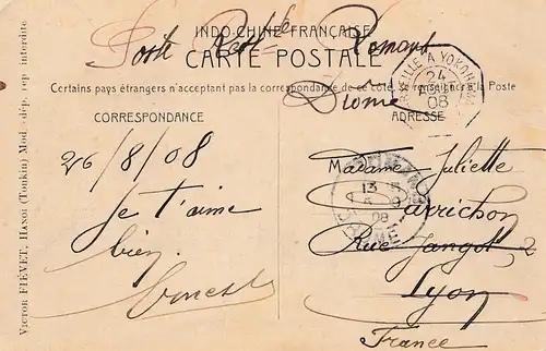 French colonies: Indo-chine 1908: post card Tonkin to Lyon