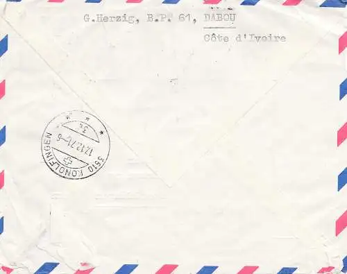 French colonies: Ivory coast: 1971 par avion to Bern, forwarded to Thun