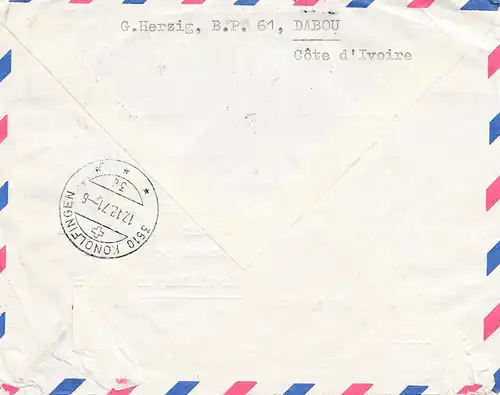 French colonies: Ivory coast: 1971 par avion to Bern, forwarded to Thun