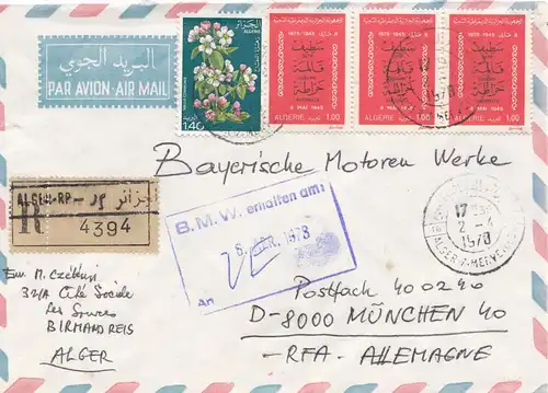 French colonies: Algerie air mail Alger 1978 registered to BMW Munich