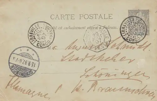 Colonies françaises: Congo: 1897 post card Libreville to Schöningen