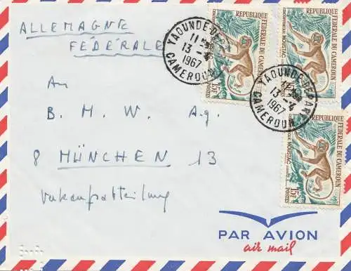 French colonies: Cameroun 1967 air mail Yaounde depart to BMW München