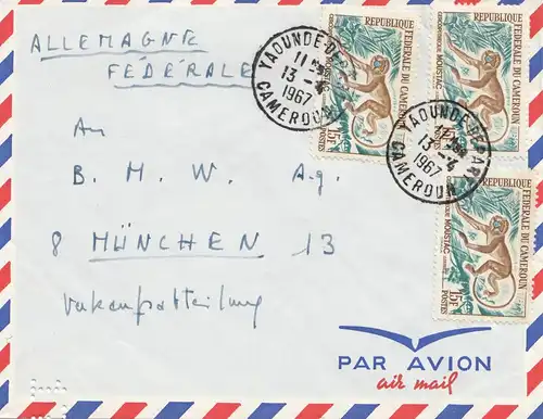 French colonies: Cameroun 1967 air mail Yaounde depart to BMW Munich