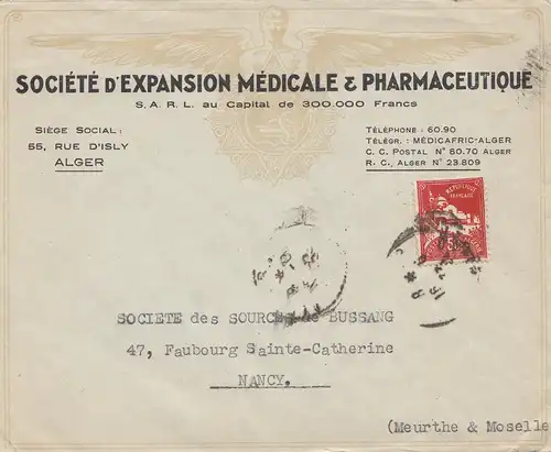 French colonies: Algerie: letter Societe Medicale/Pharmacie to Nancy