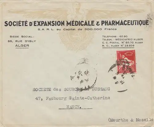 Les colonies françaises: Algérie: la société letter Medicale/Pharmacie to Nancy