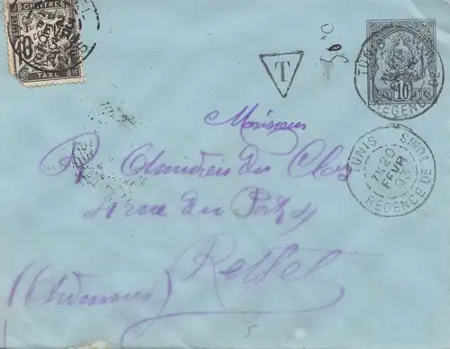 French colonies Tunisie: 1893 Tunis to Rethel/Ardennes, Taxe