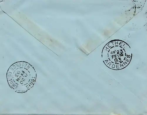 Tunisie française: 1893 Tunis to Rethel/Ardennes, Taxe