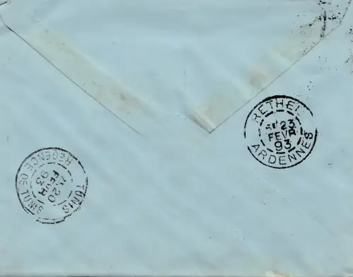 Tunisie française: 1893 Tunis to Rethel/Ardennes, Taxe