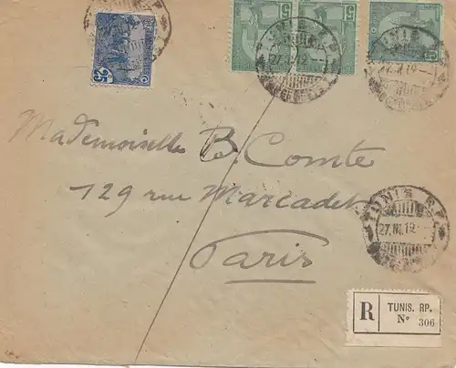 French colonies Tunisie 1919 Registered Tunis to Paris