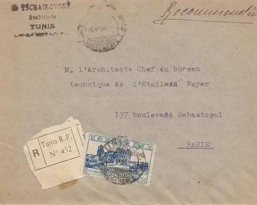 French colonies Tunisie 1931: Registered Tunis censorship to Paris