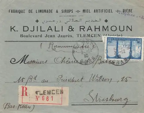 French colonies Algerie 1930: Registered tlemcen to Strasbourg