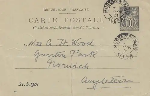 French colonies Algérie 1901: post card to England