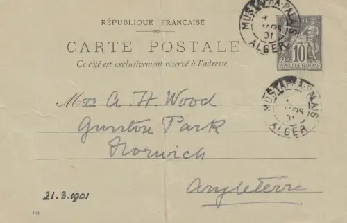 French colonies Algerie 1901: post card to England