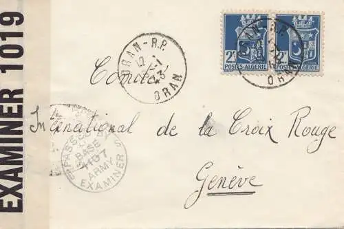 French colonies Algerie 1943 - censor Oran to Geneve - Croix Rouge - censor