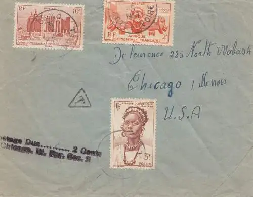 French colonies: Ivory coast 1957 Divo to Chicago/USA, Taxe: Postage due