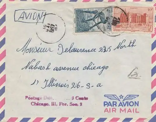 French colonies: Ivory coast 1957 air mail to Chicago, Taxe, Postage due