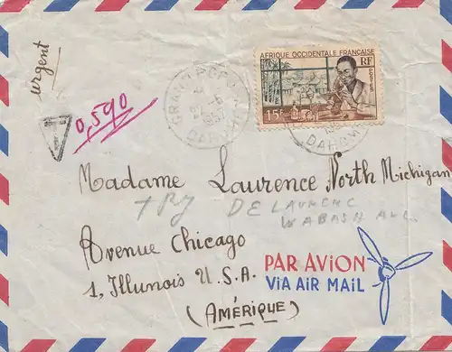 French colonies: Ivory coast Grand Popo 1957 to Chicago, Taxe, Postage due