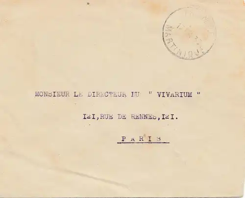 French colonies: Martinique 1930 Fort de France to Paris, Directeur Vivarium