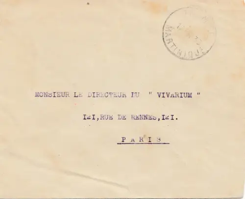 French colonies: Martinique 1930 Fort de France to Paris, Directeur Vivarium