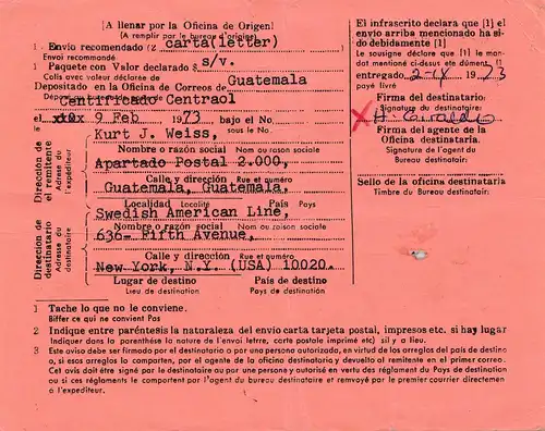 Guatemala: 1973: Aviso de Recepcion to USA