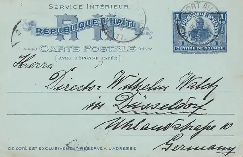 Haiti: 1903: answer card Port au Prince to Düsseldof