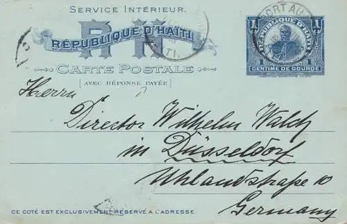 Haiti: 1903: answer card Port au Prince to Düsseldof