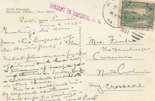 Haïti: 1937: post card Pittorewque to Cameron, Missent to Cameron