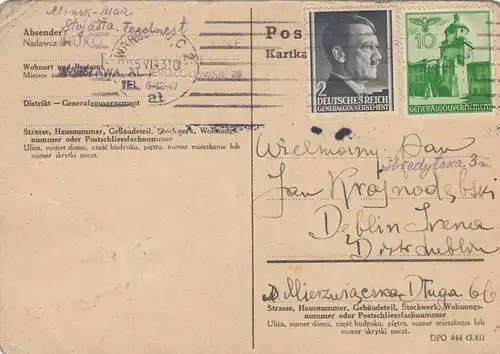GG: 1943: Postkarte von Warschau nach Deblin Irena, portogerechte MiF