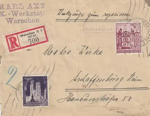 GG 1941 Briefausschnitt, Einschreiben, Werkstatt: Versand Werkzeuge,portogerecht