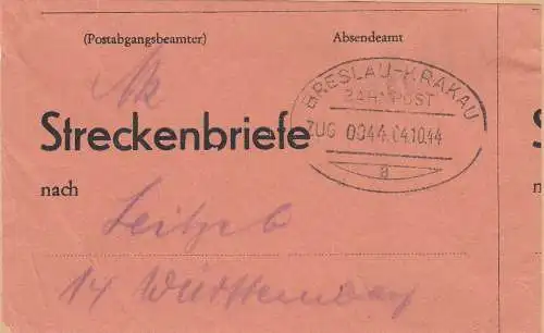 GG 1944: Streckenbriefe mit Bahnpoststempel Breslau-Krakau, aufgeklebt