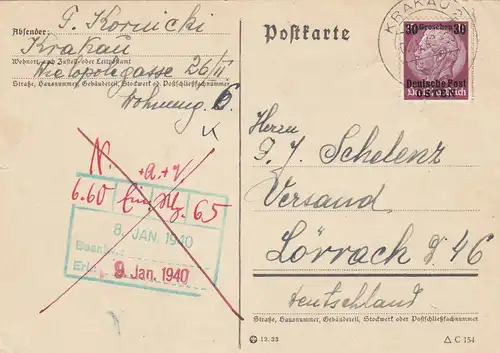GG: Carte postale de Cracovie à Lörrach au tarif avant le 31.03.40
