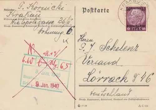 GG: Carte postale de Cracovie à Lörrach au tarif avant le 31.03.40