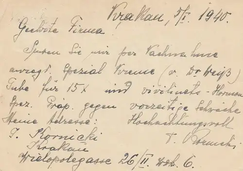 GG: Postkarte Krakau nach Lörrach zum Tarif vor dem 31.03.40