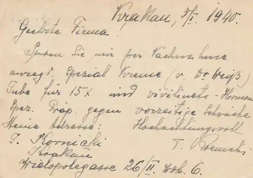 GG: Postkarte Krakau nach Lörrach zum Tarif vor dem 31.03.40